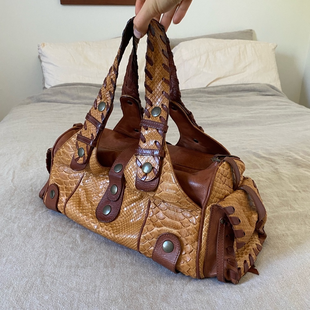 Chloe Vintage Brown & Tan Python Calfskin Leather Silverado Bag Purse